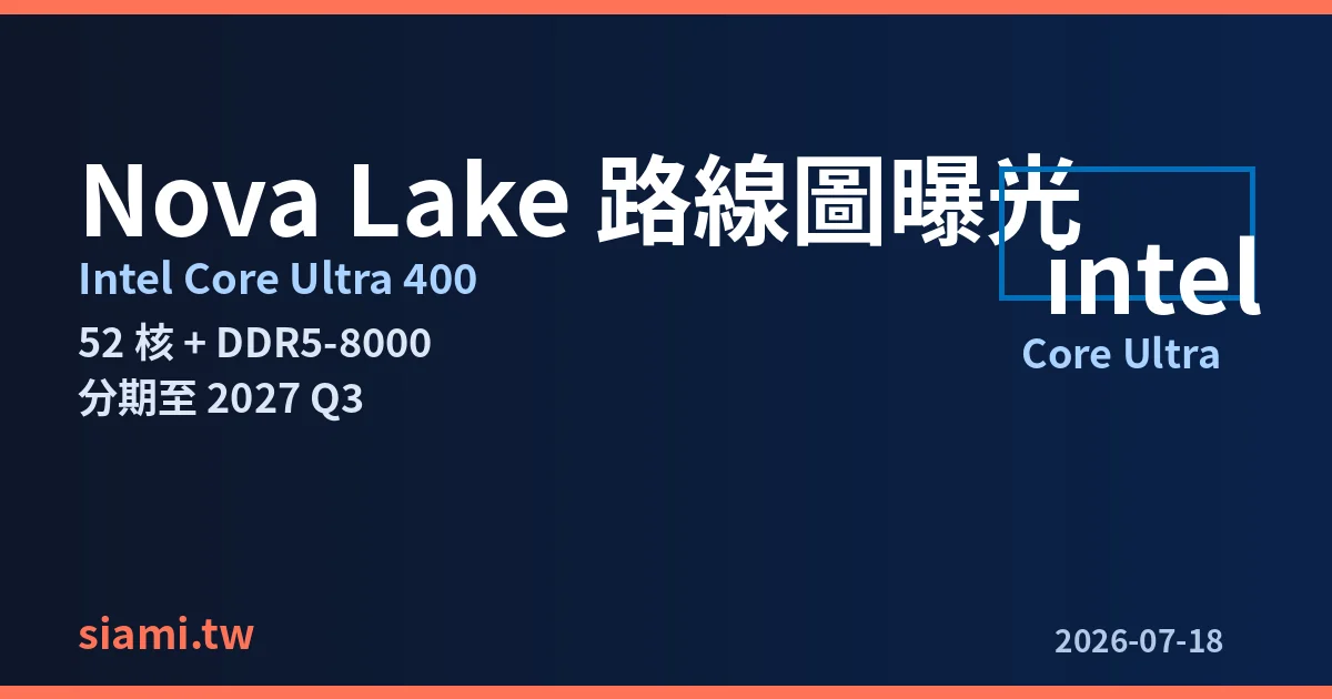 Intel Nova Lake 路線圖曝光：52 核 Core Ultra 400 將分期上市，一路延燒到 2027 Q3