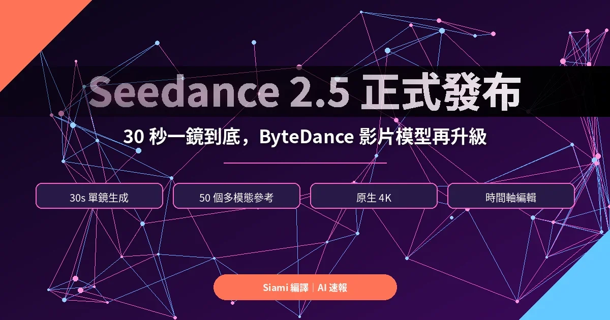 ByteDance Seedance 2.5 正式發布：30 秒一鏡到底、50 組多模態參考，影片生成門檻再次下修