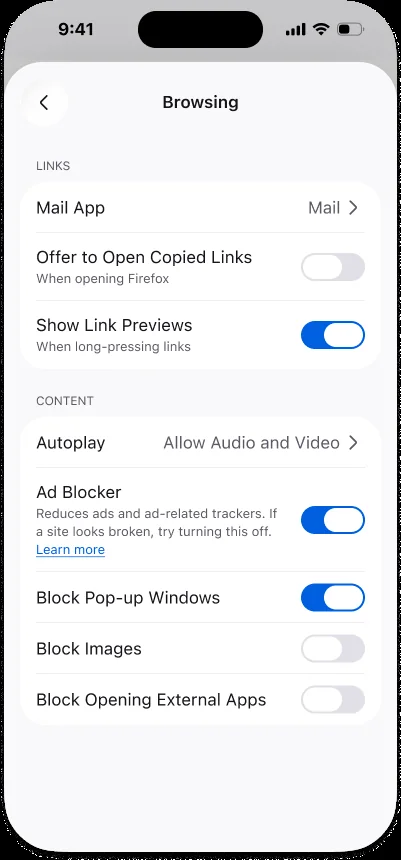 Firefox iOS 終於內建擋廣告：EasyList 過濾、預設關閉，但搜尋引擎廣告照放行