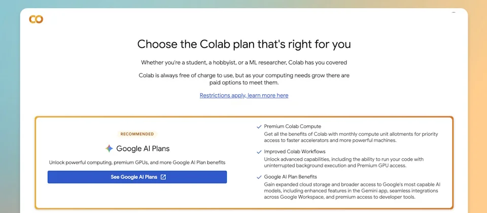 Google AI 付費方案新增 Colab 進階權益：Premium GPU、背景執行一次打包